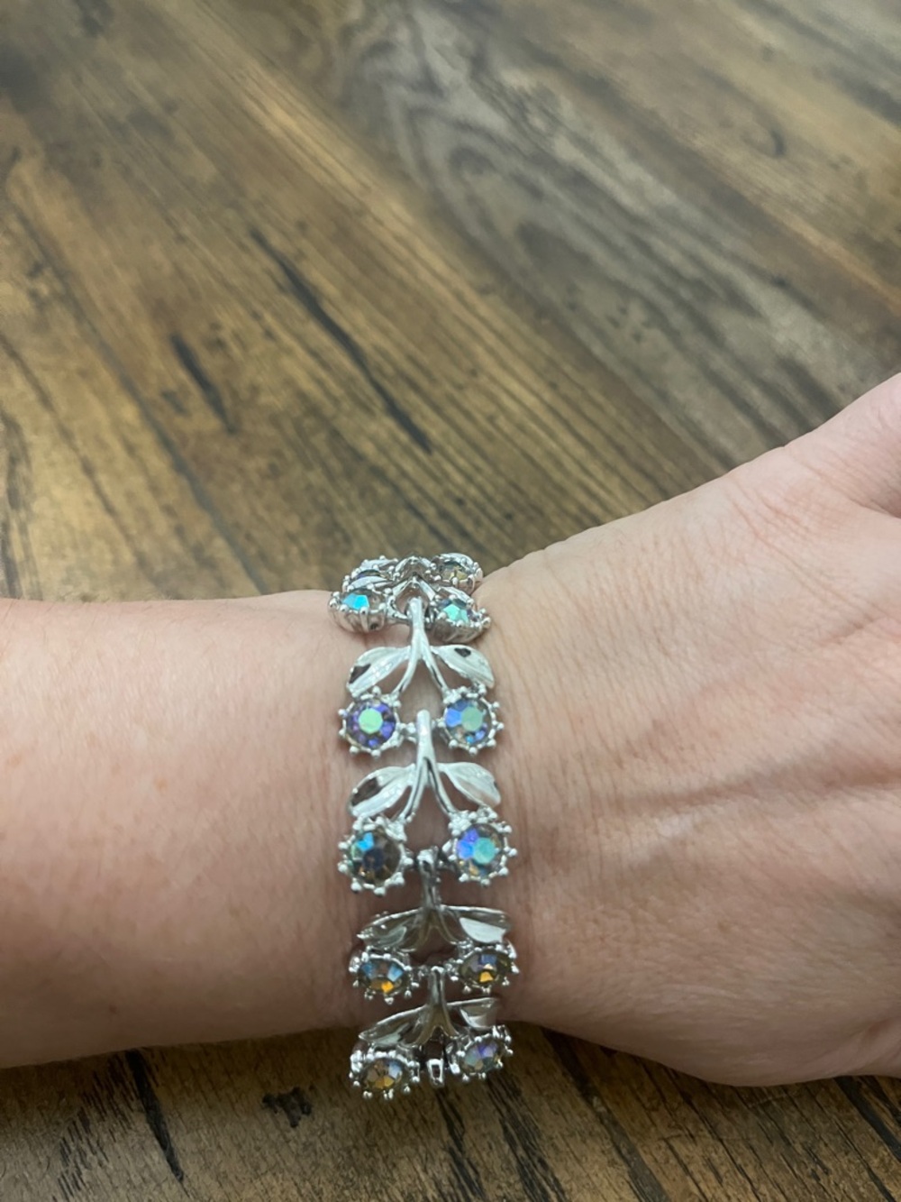 Silver Leaf Floral Bracelet with Aurora Borealis Crystals